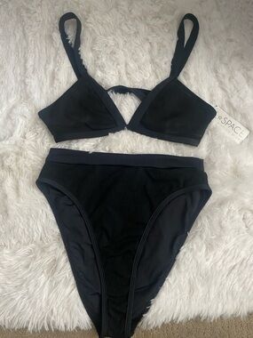 l*space Black Ribbed Triangle Bikini Set